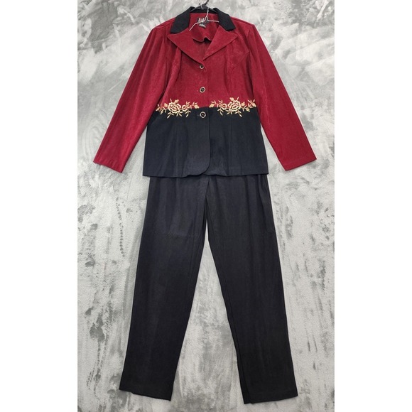 r&k originals Pants - Vintage R&K Originals Pant Suit Womens 12 Black Burgundy Gold Embroidered Sueded
